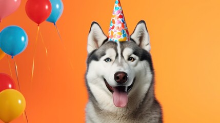 Wall Mural - Husky wear birthday hat with colorful background