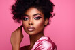 Beautiful black woman with pink lips, eyeshadow, black skin, on pink background