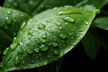 Poster - green avocado leaves with rain drops