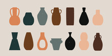 Ancient Pottery Set. Ceramic Vase Jar Amphora Colored Silhouettes Various Shapes, Hand Drawn Isolated Icons. Vector Art