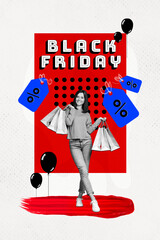 Wall Mural - Vertical collage of young woman satisfied monochrome style lady hold shop bags black friday store sale event isolated on red background