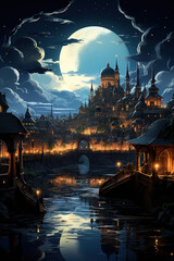 Wall Mural - The Moonlit City: A Fantasy Digital Artwork,city at night,night view country