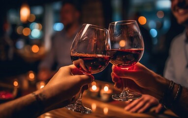 In a cozy bistro, the two friends are relishing the moment as they clink their glasses of wine together in a toast to their friendship