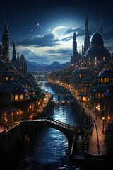 Wall Mural - The Moonlit City: A Fantasy Digital Artwork,city at night,night view country