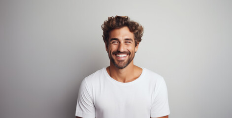 Beautiful caucasian man with smooth healthy face skin. Gorgeous man with a happy smile. Beauty and cosmetics skincare advertising concept.