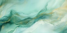 Abstract Watercolor Paint Background Illustration - Soft Pastel Green Aquamarine Color And Golden Lines, With Liquid Fluid Marbled Paper Texture Banner Texture