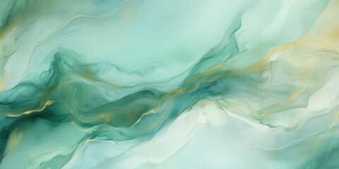 Wall Mural - Abstract watercolor paint background illustration - Soft pastel green aquamarine color and golden lines, with liquid fluid marbled paper texture banner texture