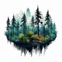 Forest Landscape Adventure Graphic Artwork. Mountain With Pine Forest And River Print Design