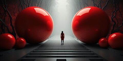 Two people standing in front of two red spheres.