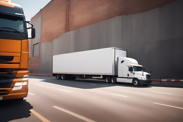 Wall Mural - A Semi truck is loading at the warehouse, standing for loading. Semi truck shipping commercial cargo in refrigerated semi trailer. Truck is driving fast with a blurry environment. Cargo transportation