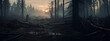 Devastated forest after fire with tree stumps on the ground in mysterious and dark atmosphere, deforestation and consequences on the nature of a fire, panoramic wallpaper