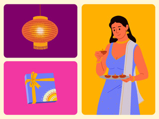 Wall Mural - Diwali Festival elements with Indian women celebrating the festival can be used for banners, social media posts, posters, and packaging editable templates.  