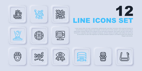 Sticker - Set line Computer vision, Smart glasses spectacles, Cryptocurrency coin Bitcoin, Cloud database, Hologram, Cyber security, Neural network and icon. Vector