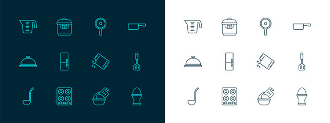 Sticker - Set line Frying pan, Gas stove, Packet of pepper, Measuring cup and bowl, Refrigerator, and Slow cooker icon. Vector