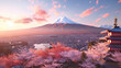 Fujiyoshida, Japan Beautiful view of mountain Fuji and Chureito pagoda at sunset,, Generative AI.