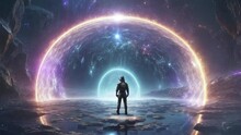 Time Traveler: Man in front of a Space Portal.A space portal that seems to defy the laws of time and space. The illustration shows a concept of time travel and space exploration.