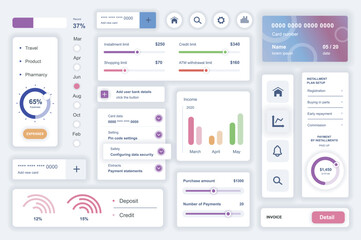 Poster - User interface elements set for data analysis mobile app. Kit template with HUD diagrams, statistic charts, financial report, credit card, performance. Pack of UI, UX, GUI screens. Vector components.