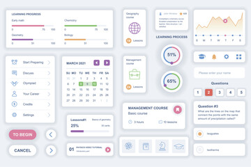 Fototapete - User interface elements set for education mobile app. Kit template with HUD diagrams, learning progress, calendar, lesson plan, profile management. Pack of UI, UX, GUI screens. Vector components.