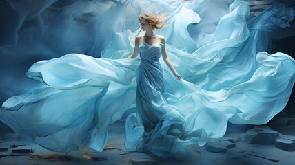 Wall Mural - portrait of beautiful woman with blue hair, flying in silk cloth with flowing flowing fabric.