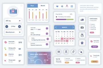 Aufkleber - User interface elements set for medical mobile app. Kit template with HUD diagrams, clinic information, diagnosis, pills prescription, online pharmacy. Pack of UI, UX, GUI screens. Vector components.