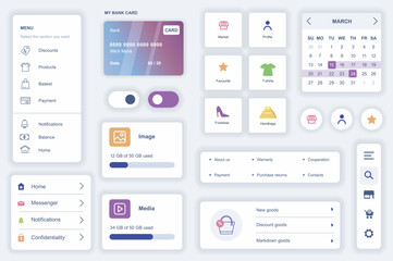 Poster - User interface elements set for shopping mobile app. Kit template with HUD diagrams, profile information, credit card payment, basket, search products. Pack of UI, UX, GUI screens. Vector components.