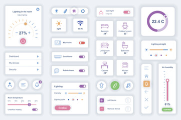 Fototapete - User interface elements set for smart home mobile app. Kit template with HUD diagrams, security control, monitoring temperature, electricity, lighting. Pack of UI, UX, GUI screens. Vector components.