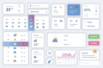 Fototapete - User interface elements set for weather mobile app. Kit template with HUD diagrams, meteorology forecast, temperature, sun, cloud and rain elements. Pack of UI, UX, GUI screens. Vector components.