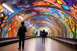 Fototapeta  - At an underground platform adorned with vibrant mosaics, passengers wait amidst a kaleidoscope of colors, each tile telling a story of the city's history. 