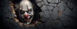 Halloween, frightening scary evil clown, looking at you, peeking out from behind a hole in the dark wall, with copy space