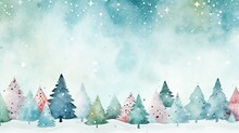 Watercolor Christmas Horizontal Seamless Pattern With Hand-drawn Animals And Snow-covered Trees.  New Year's Holiday Illustration.