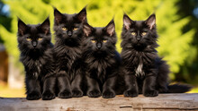 Group Of Black Maine Coon Kittens Sitting On A Log Looking At The Camera