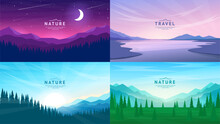 Vector Illustration. Bright Night Sky, Sunset On The Lake, Mountains And Forest. Flat Style. Set Of Polygonal Banners For Background, Postcards, Invitations, Business Cards. Tourism Concept.