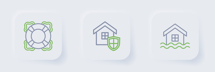 Sticker - Set line House flood, with shield and Lifebuoy icon. Vector