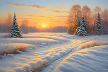 Snow-covered Spruce Trees And Fields At Sunset. Oil Painting Of A Snow Covered Field At Sunset. New Year Illustration.