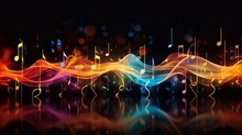 Picture Of Abstract Music Background With Notes And Bokeh Lights, Illustration Music Icon Song Time Wavy Shape Generative AI