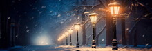 Lamppost Illuminating A Snowy Path Through A Peaceful Park, With Snowflakes Gently Falling All Around.