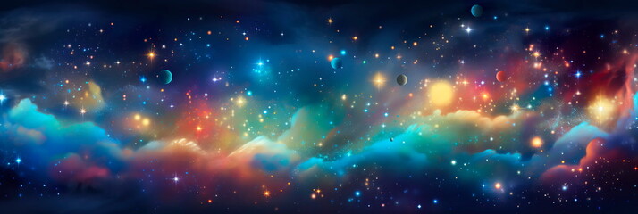 magical seamless with constellations, sun, planets, clouds and stars.