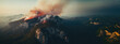 fire on the top of a mountain captured by a drone, panoramic landscape banner 
