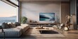 © Graphic Warrior - AI Generated. AI Generative. Luxury hotel villa house patio mansion style living relaxing room with big window and view on sea ocean landscape background.  Real estate agency template