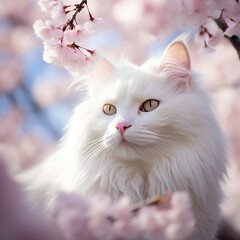  Cherry Blossom Gaze: A White Cat's Springtime Reverie