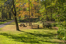Day Use Picnic Area With Bbq Grills And Tables With Benches In A State Park. Warm And Sunny Fall Day.