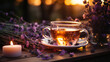 A steaming cup of aromatic herbal tea, nestled among fragrant lavender blossoms and softly lit by a warm evening glow