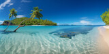 Fototapeta Do akwarium - Idyllic Paradise: Panoramic View of a Tropical Island Beach with Palm Trees and Crystal-Clear Water, Inviting Serenity and Escape