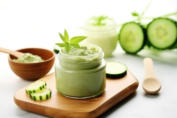 Wall Mural - a sliced cucumber over a clay mask jar