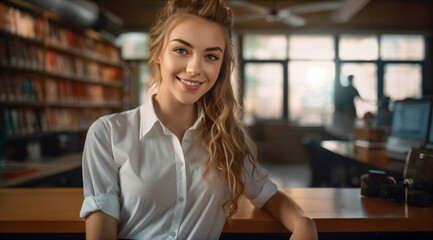 Wall Mural - Portrait of a pretty young woman. indoor photo. in library,business person