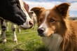 close-up shot of an icelandic dog looking at a cow behind the fence