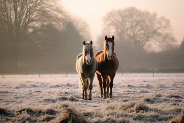 early morning light on two horses in a frost covered field. norfolk, uk.