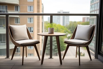 a condo balcony with coffee table and two chairs