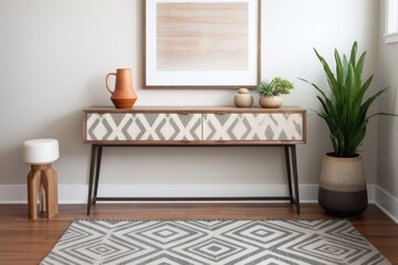 Sticker - modern entryway with geometric patterned rug and a console table