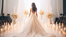 A Beautiful Bride In A Luxurious Fluffy Dress Stands With Her Back At Her Wedding Ceremony In Festively Decorated Hall